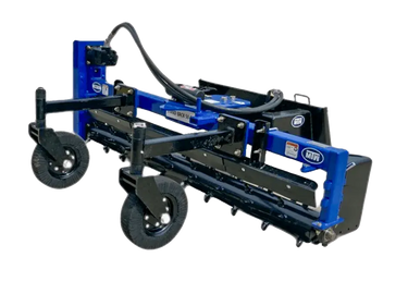 A heavy-duty power rake attached to a tractor, used for breaking up and leveling soil.